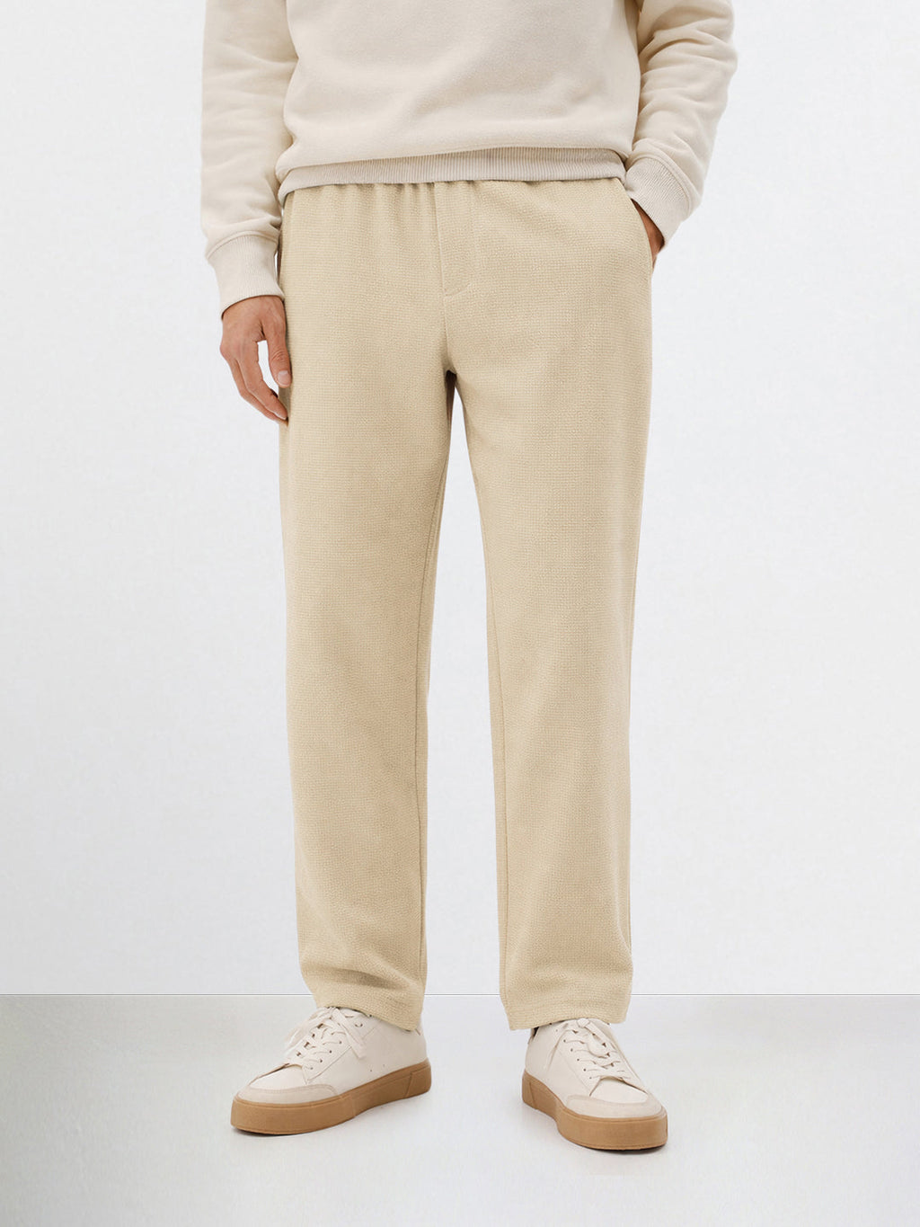 Men's Beige Relaxed Fit Textured Utility Trousers