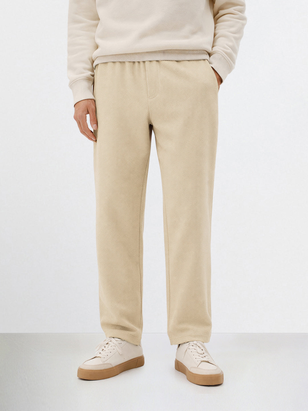 Men's Beige Relaxed Fit Textured Utility Trousers