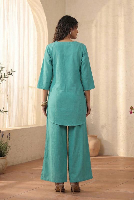 Teal Minimal Embroidered Leaf Motif Cotton Flex Co-ord Set