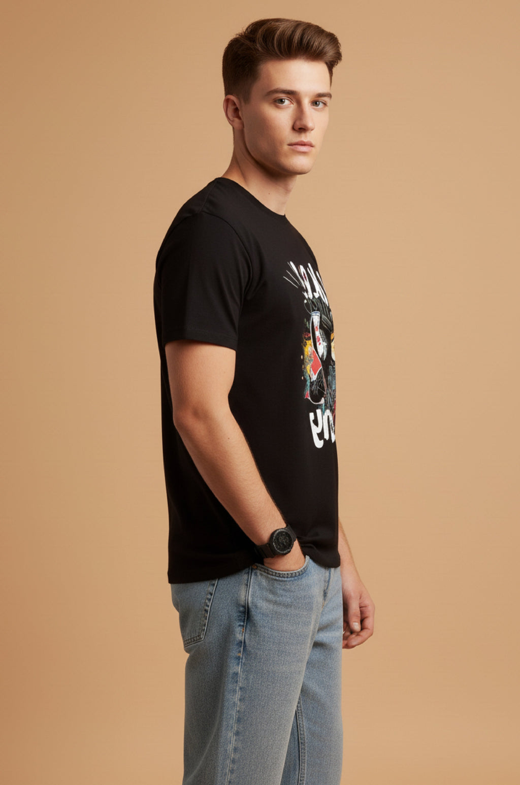 Men Printed Black Cotton Tshirt