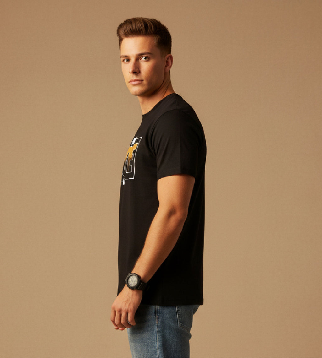 Men Printed Black Cotton Tshirt