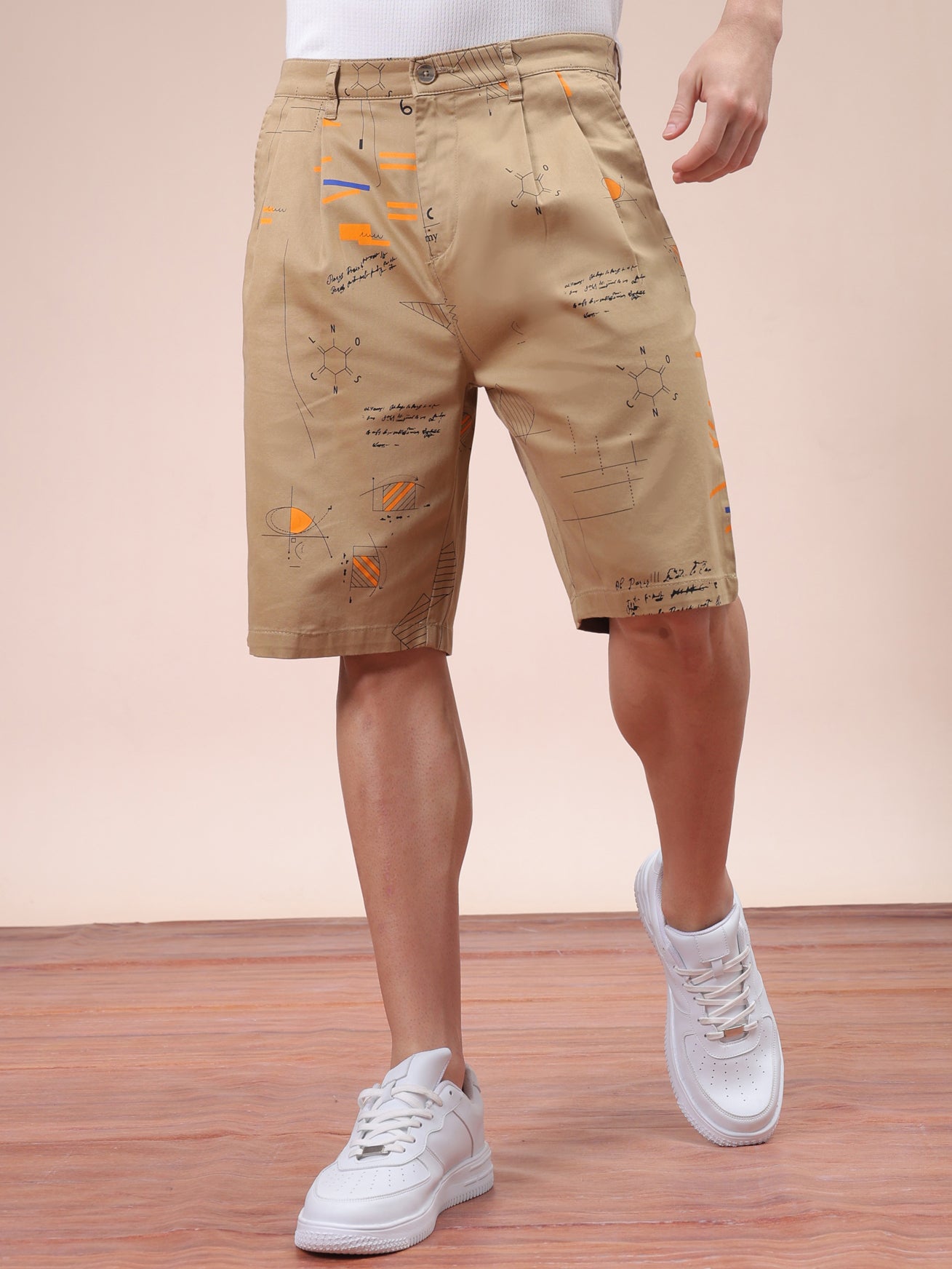 Men's Beige Relaxed Fit Printed Casual Shorts