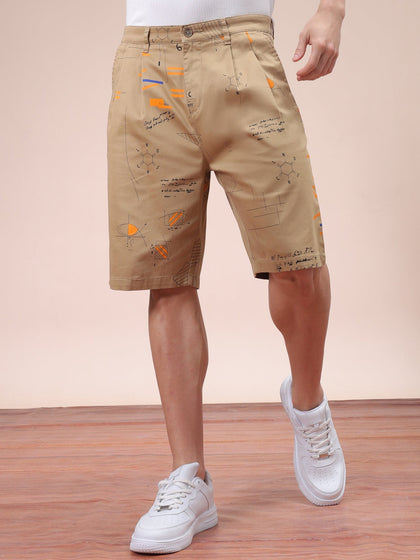 Men's Beige Relaxed Fit Printed Casual Shorts