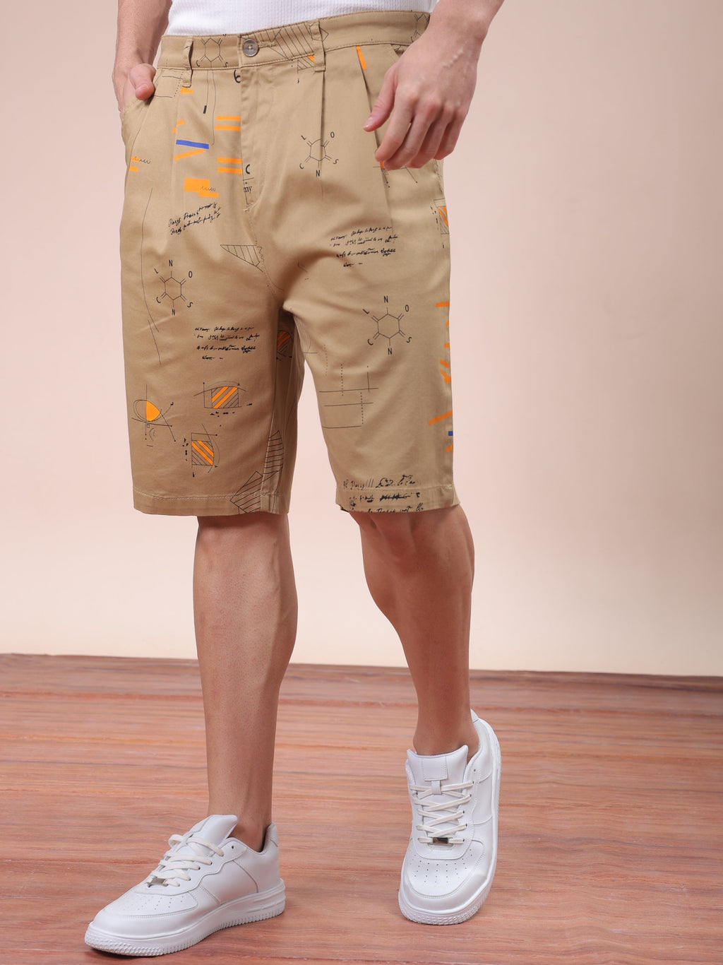 Men's Beige Relaxed Fit Printed Casual Shorts