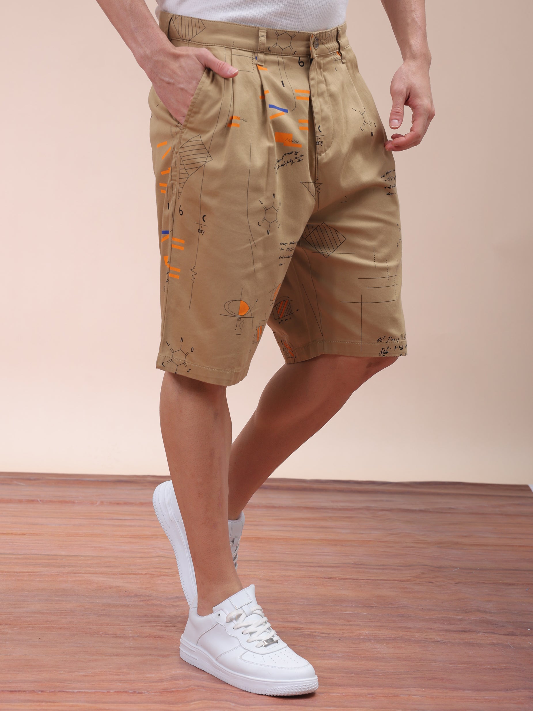 Men's Beige Relaxed Fit Printed Casual Shorts
