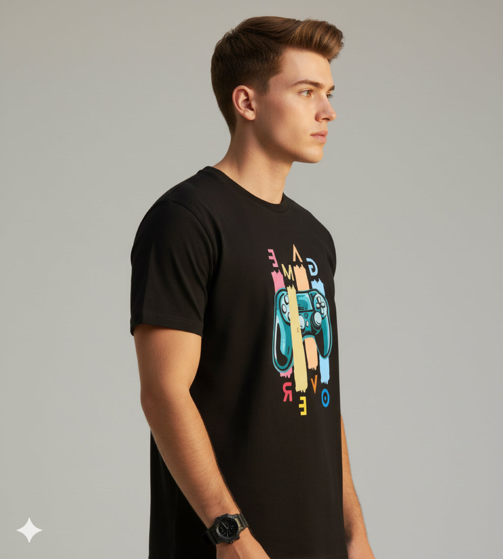 Men Printed Black Cotton Tshirt