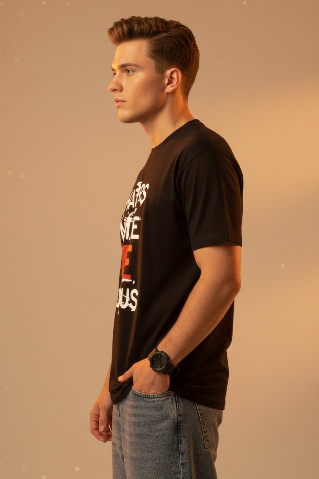 Men Printed Black Cotton Tshirt