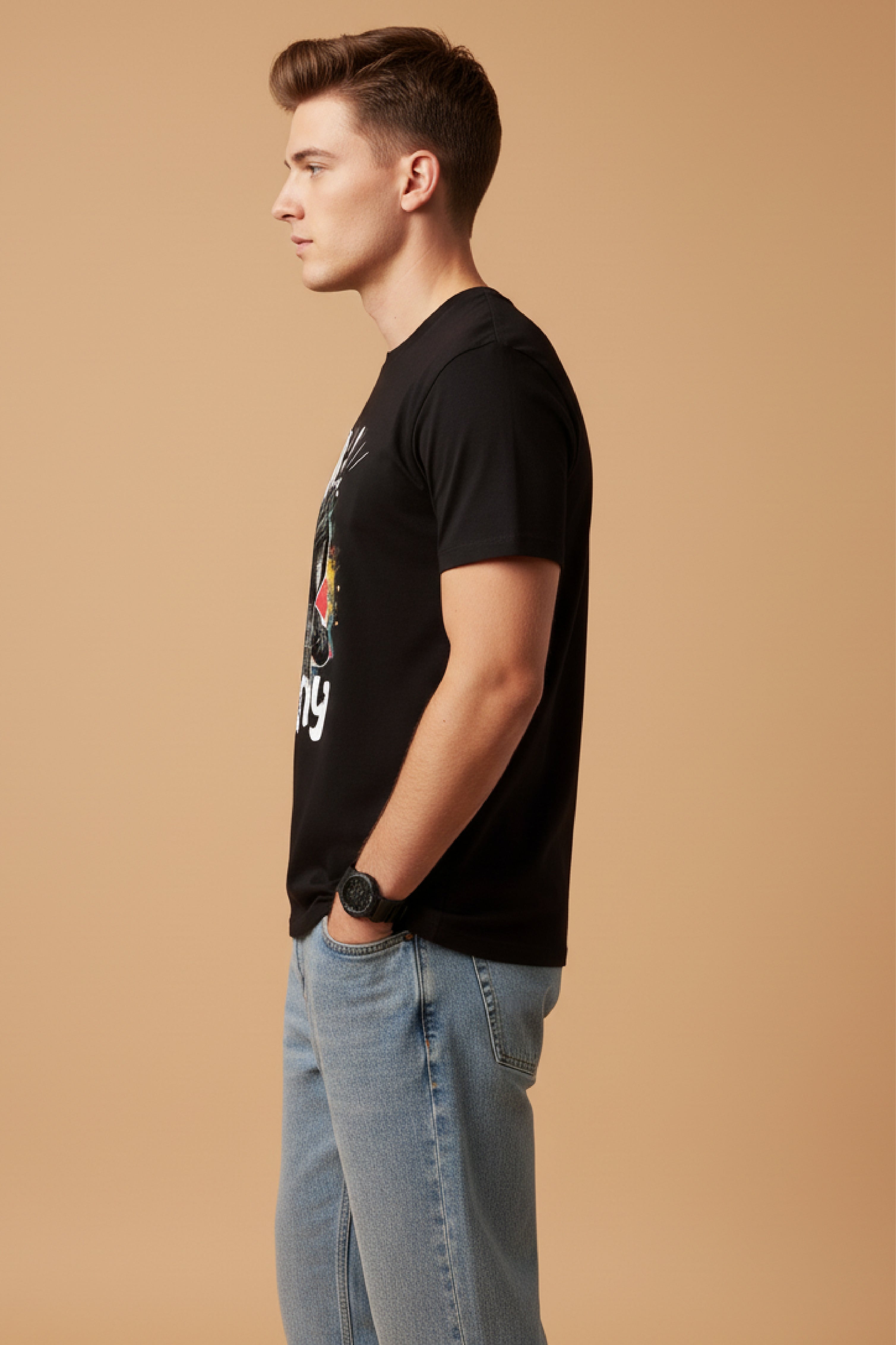 Men Printed Black Cotton Tshirt