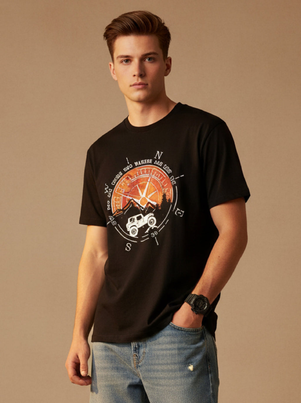 Men Printed Black Cotton Tshirt