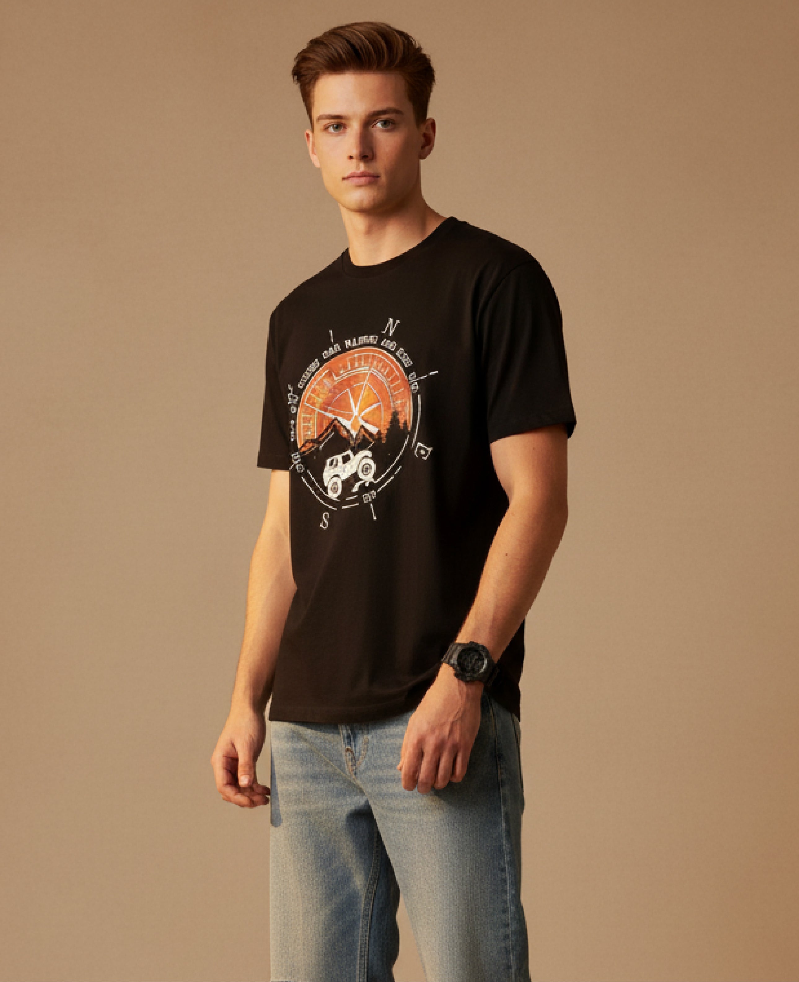 Men Printed Black Cotton Tshirt
