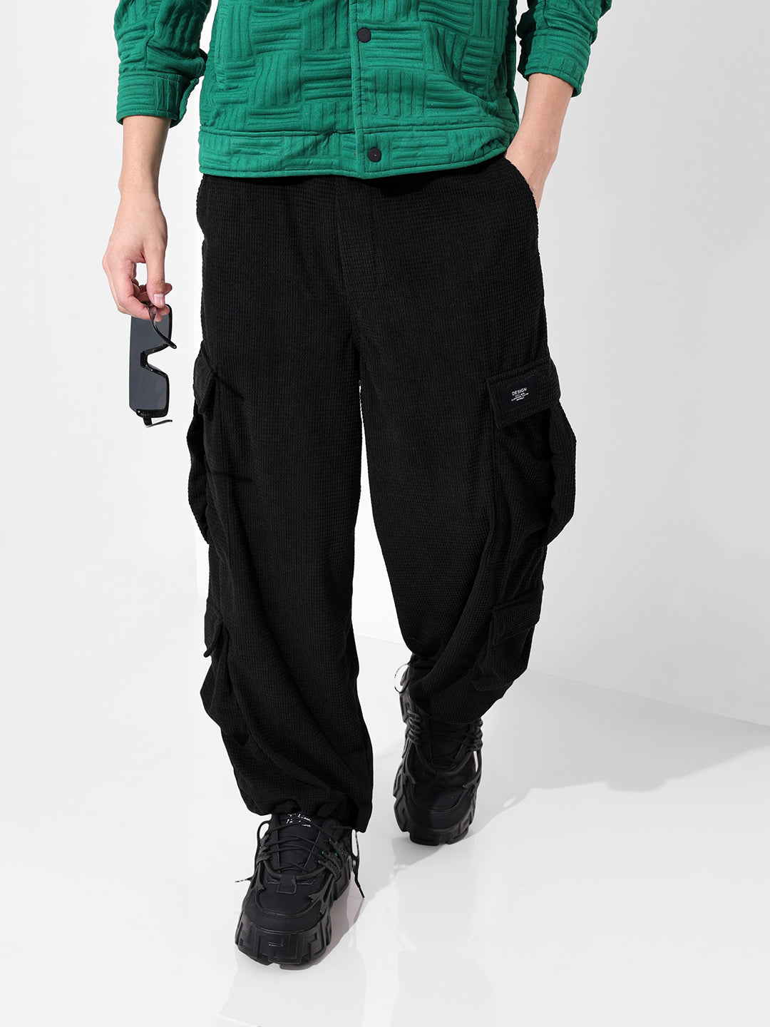 Men's Black Wide Leg Fit Textured Utility Cargo
