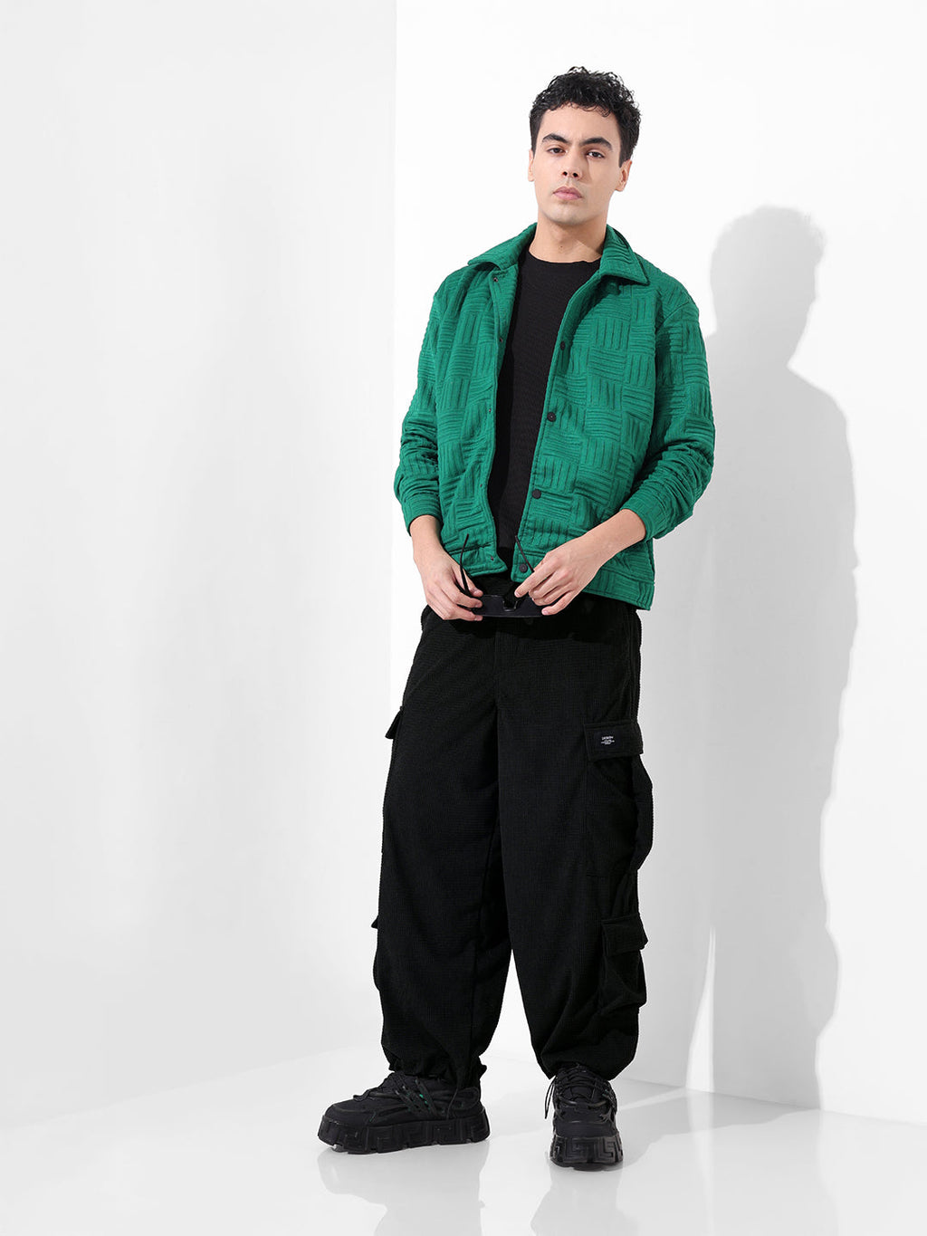 Men's Black Wide Leg Fit Textured Utility Cargo