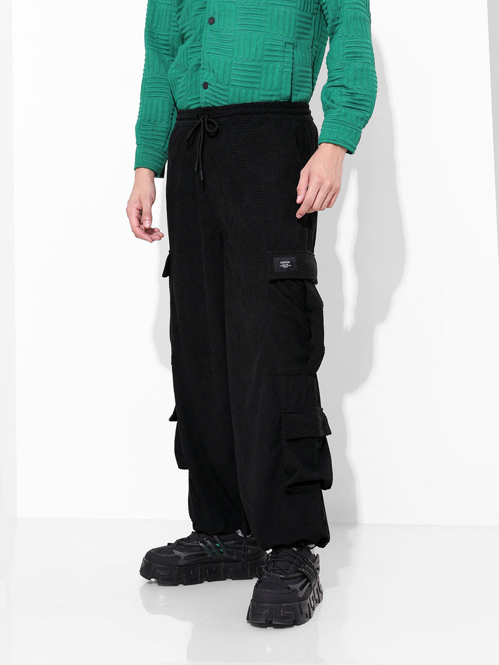 Men's Black Wide Leg Fit Textured Utility Cargo