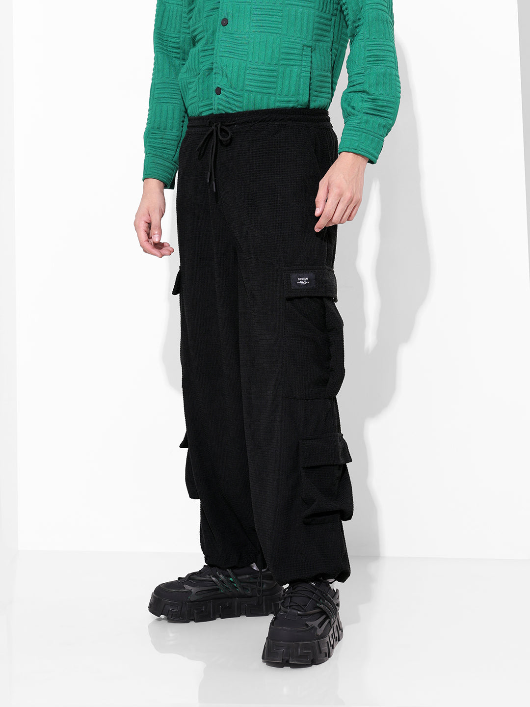 Men's Black Wide Leg Fit Textured Utility Cargo