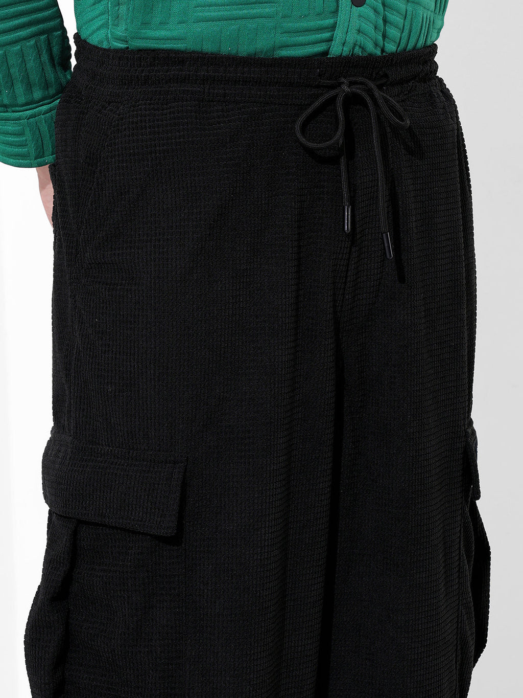 Men's Black Wide Leg Fit Textured Utility Cargo