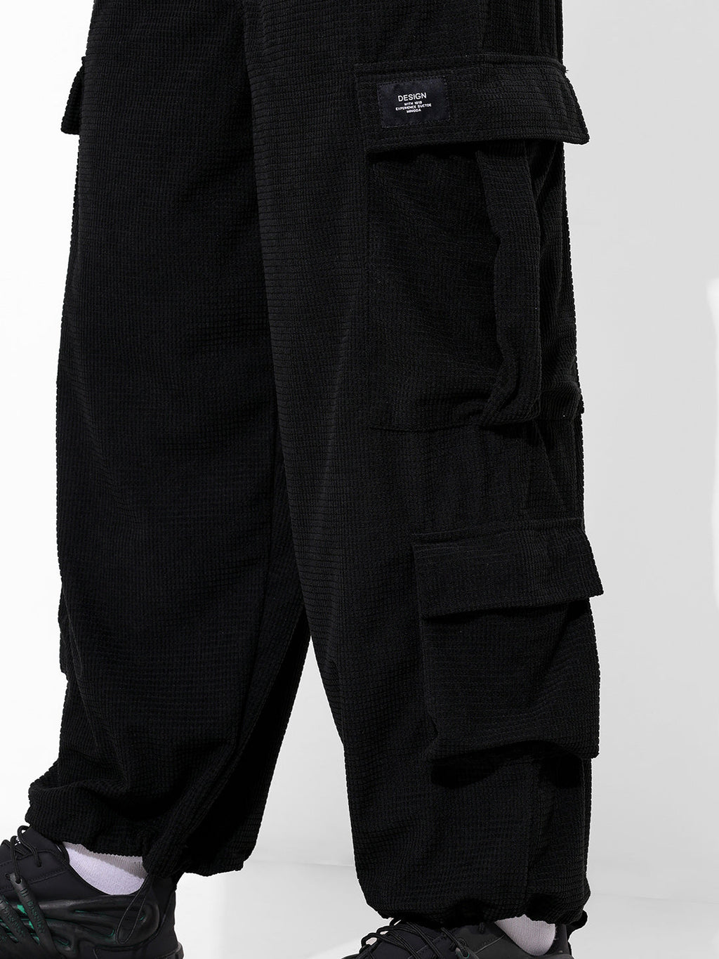 Men's Black Wide Leg Fit Textured Utility Cargo