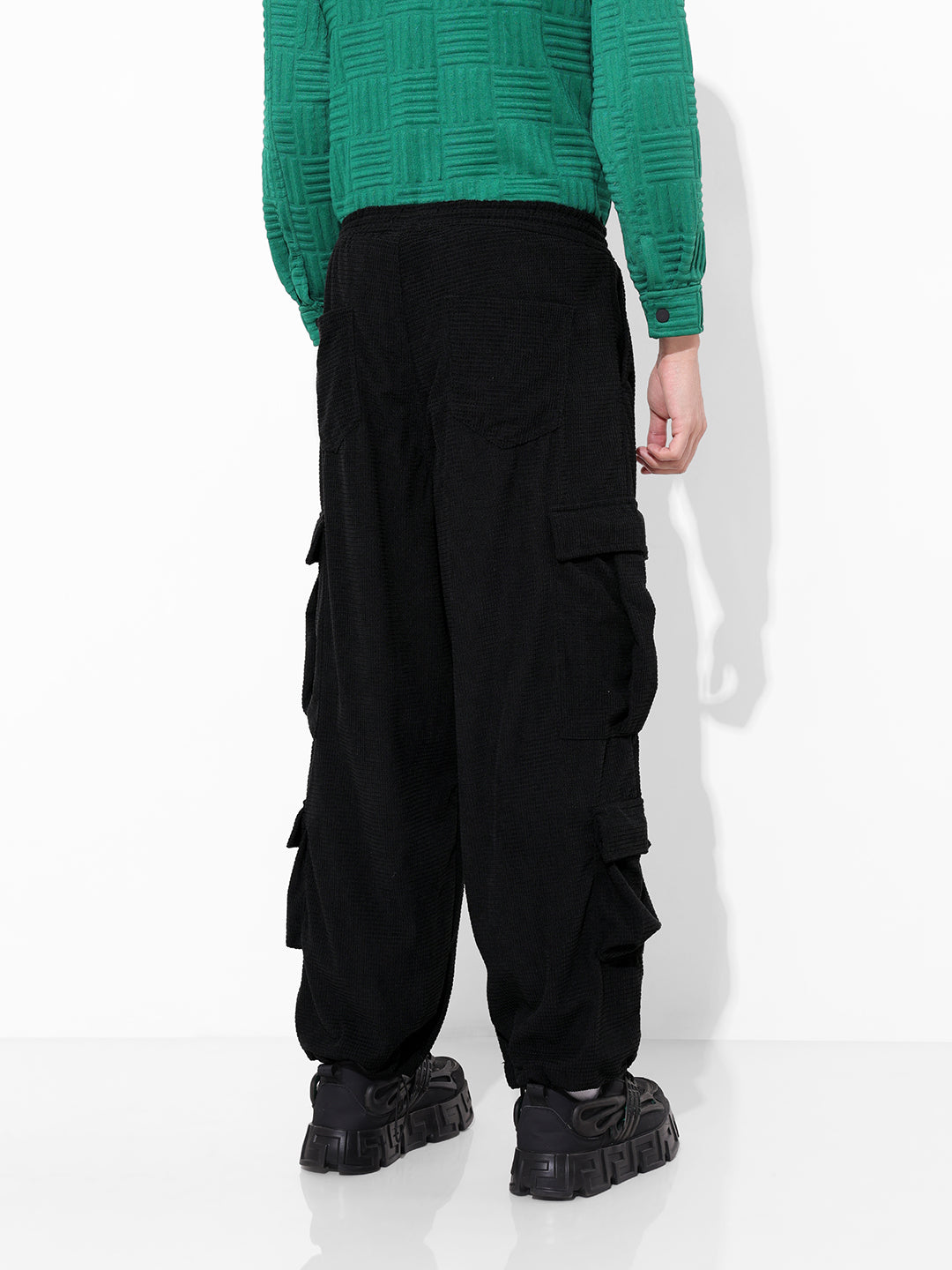 Men's Black Wide Leg Fit Textured Utility Cargo