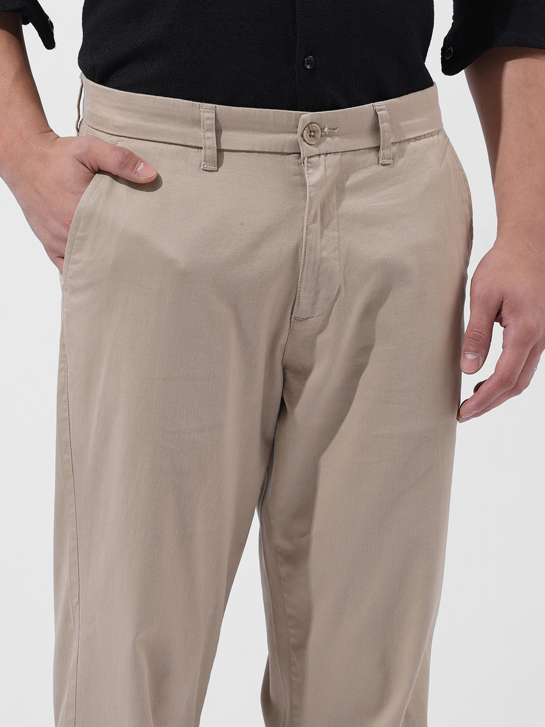 Men's Beige Regular Fit Solid Casual Chinos