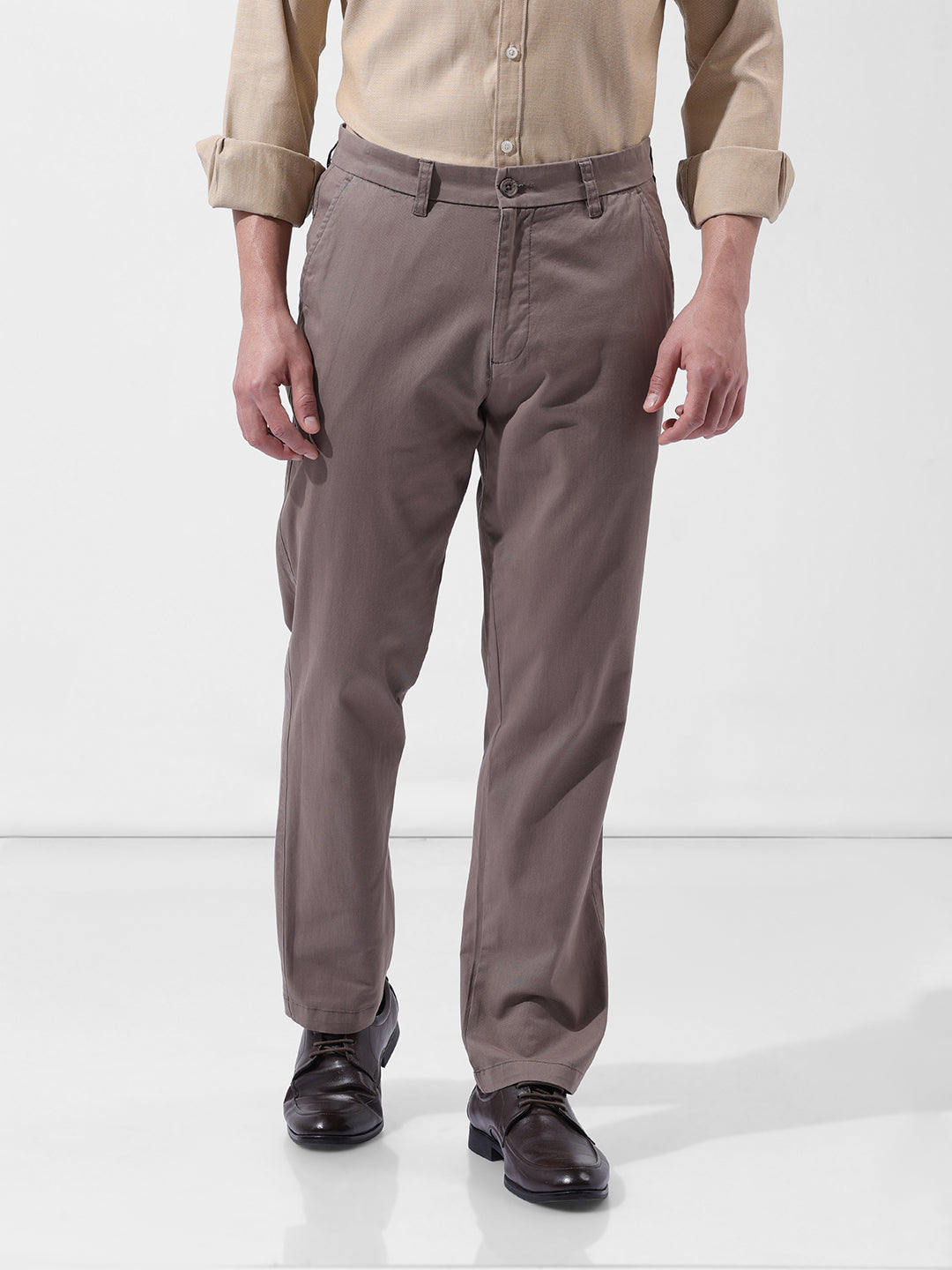 Men's Taupe Regular Fit Solid Casual Chinos