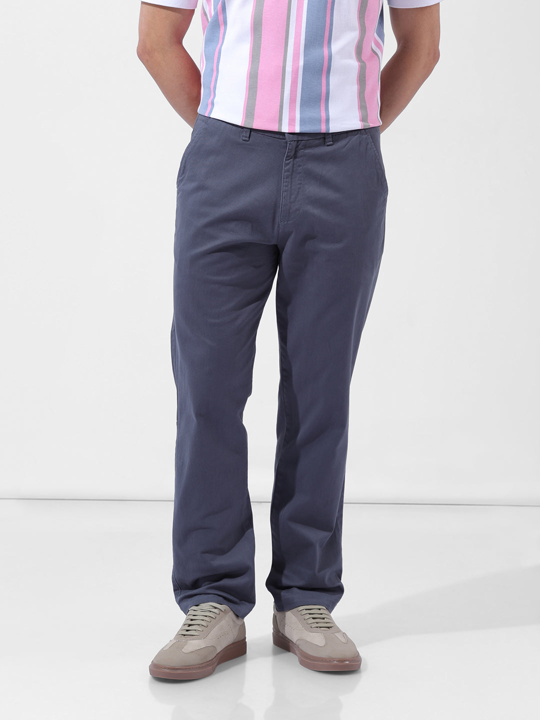 Men's Stone Blue Regular Fit Solid Casual Chinos