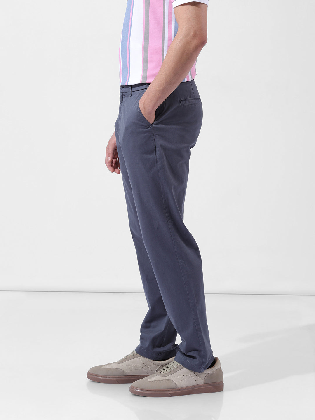 Men's Stone Blue Regular Fit Solid Casual Chinos