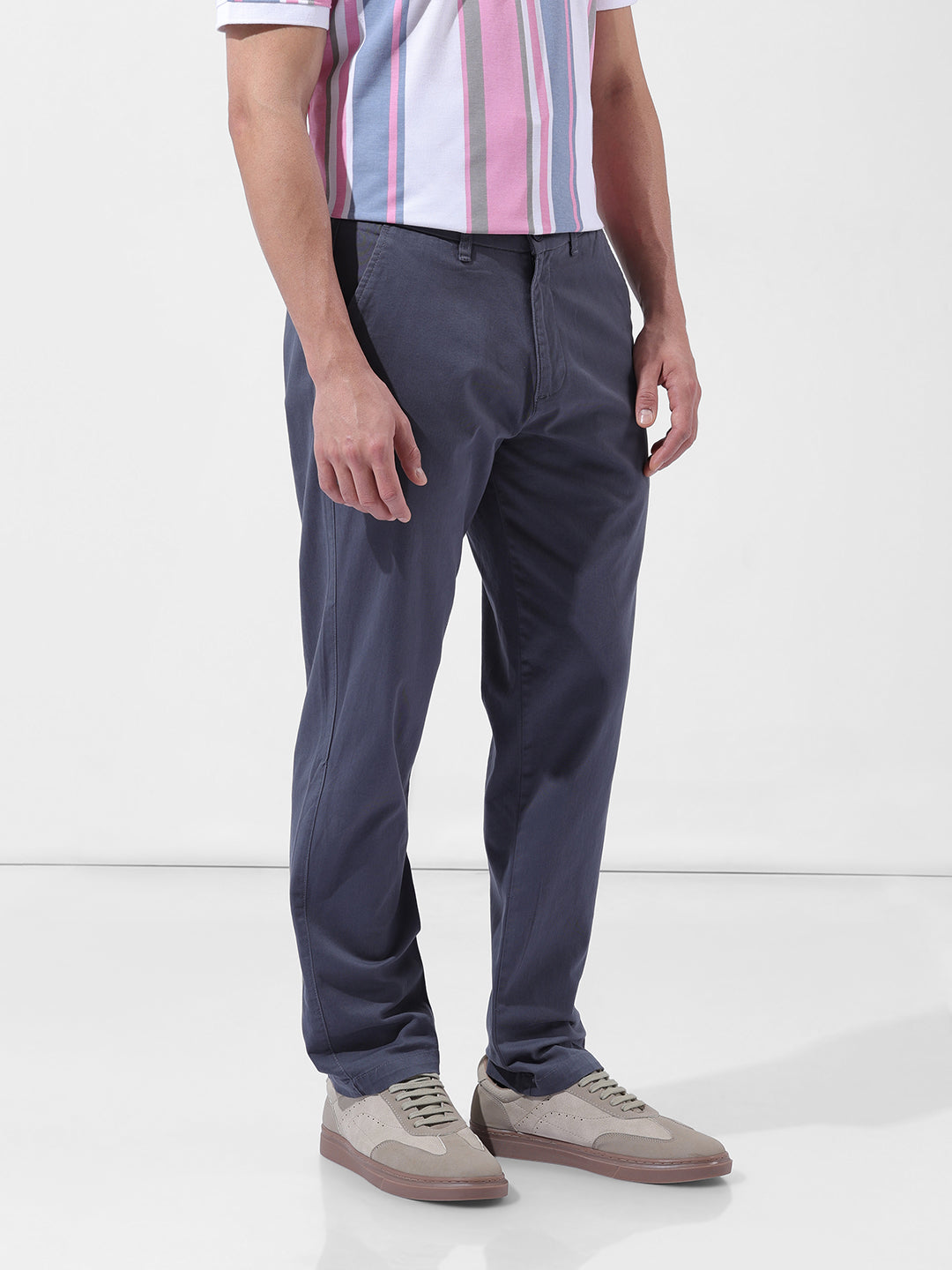 Men's Stone Blue Regular Fit Solid Casual Chinos