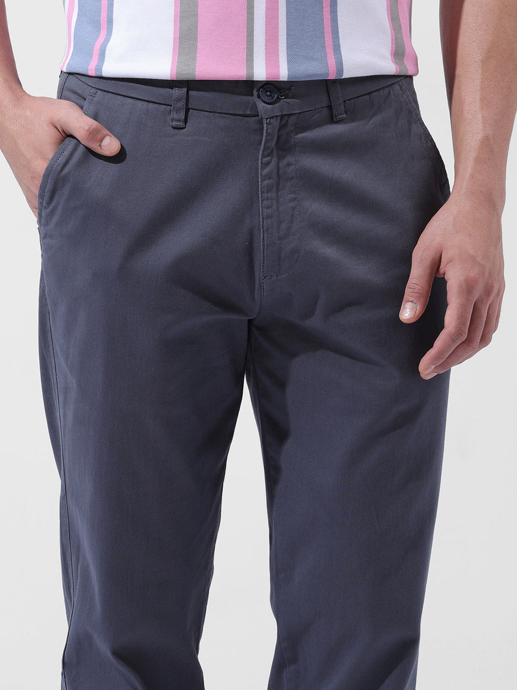 Men's Stone Blue Regular Fit Solid Casual Chinos