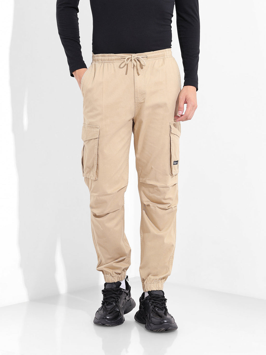 Men's Beige Relaxed Fit Solid Utility Cargo
