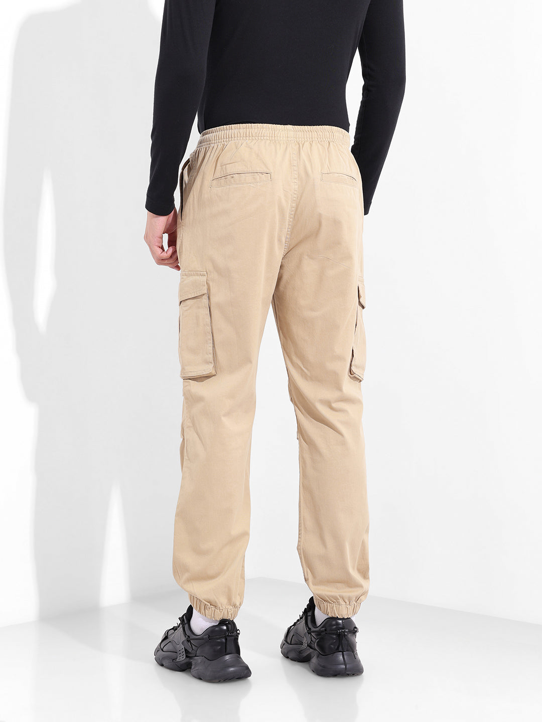 Men's Beige Relaxed Fit Solid Utility Cargo