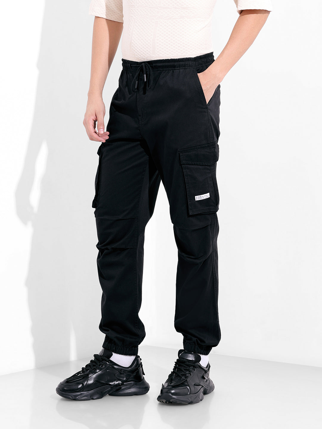 Men's Black Relaxed Fit Solid Utility Cargo
