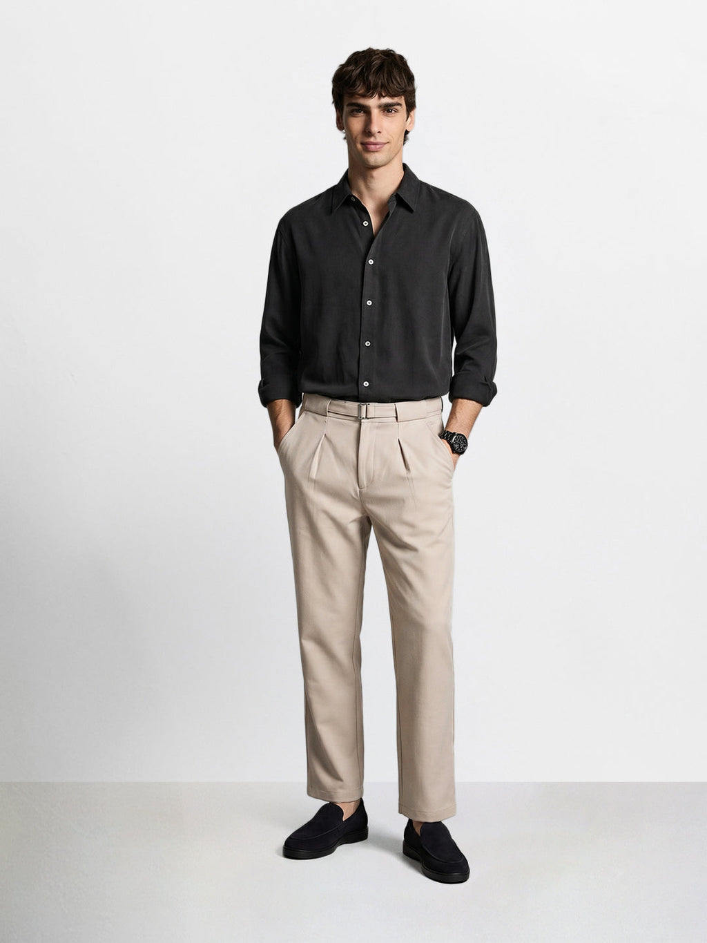 Men's Khaki Regular Fit Solid Casual Trousers
