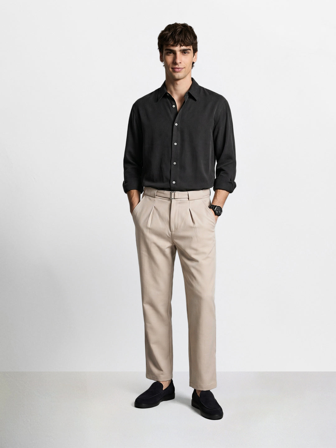 Men's Khaki Regular Fit Solid Casual Trousers