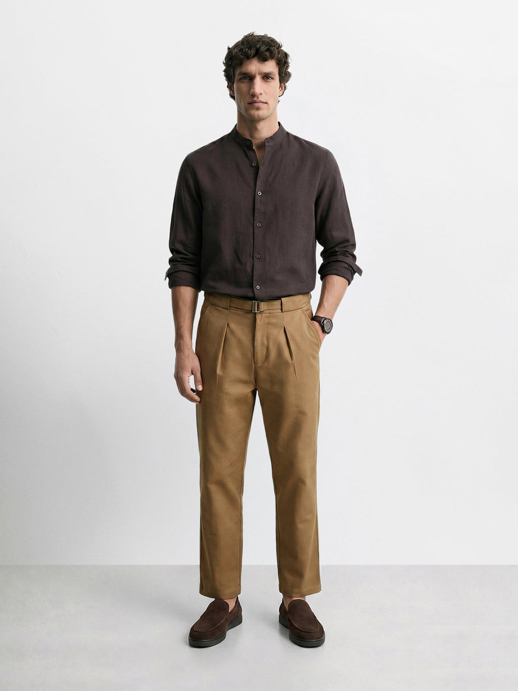 Men's Brown Regular Fit Solid Casual Trousers