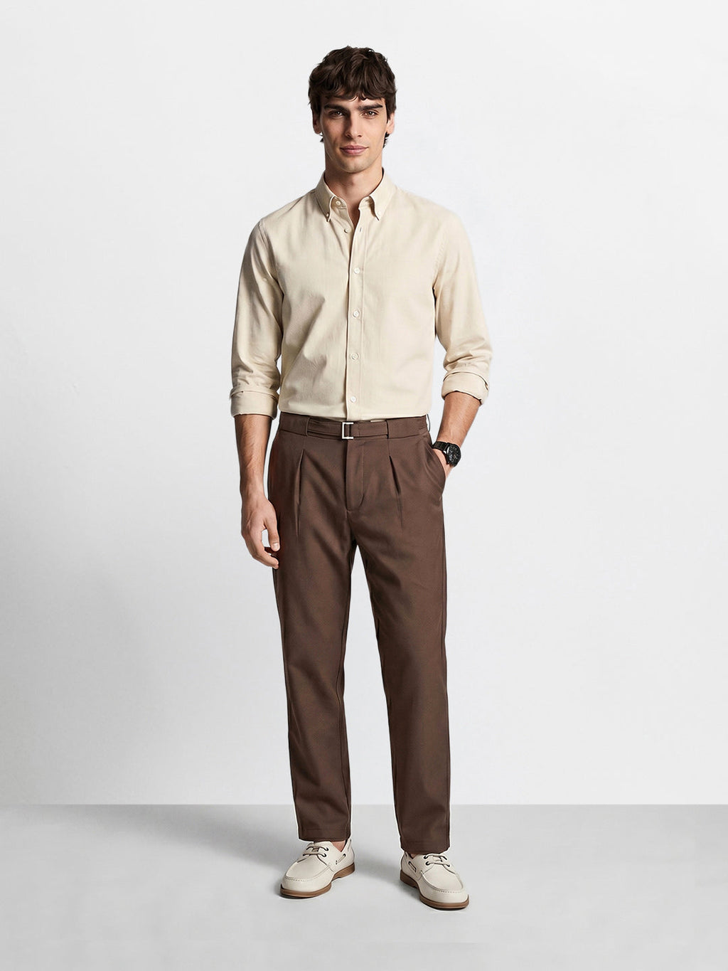 Men's Brown Regular Fit Solid Casual Trousers