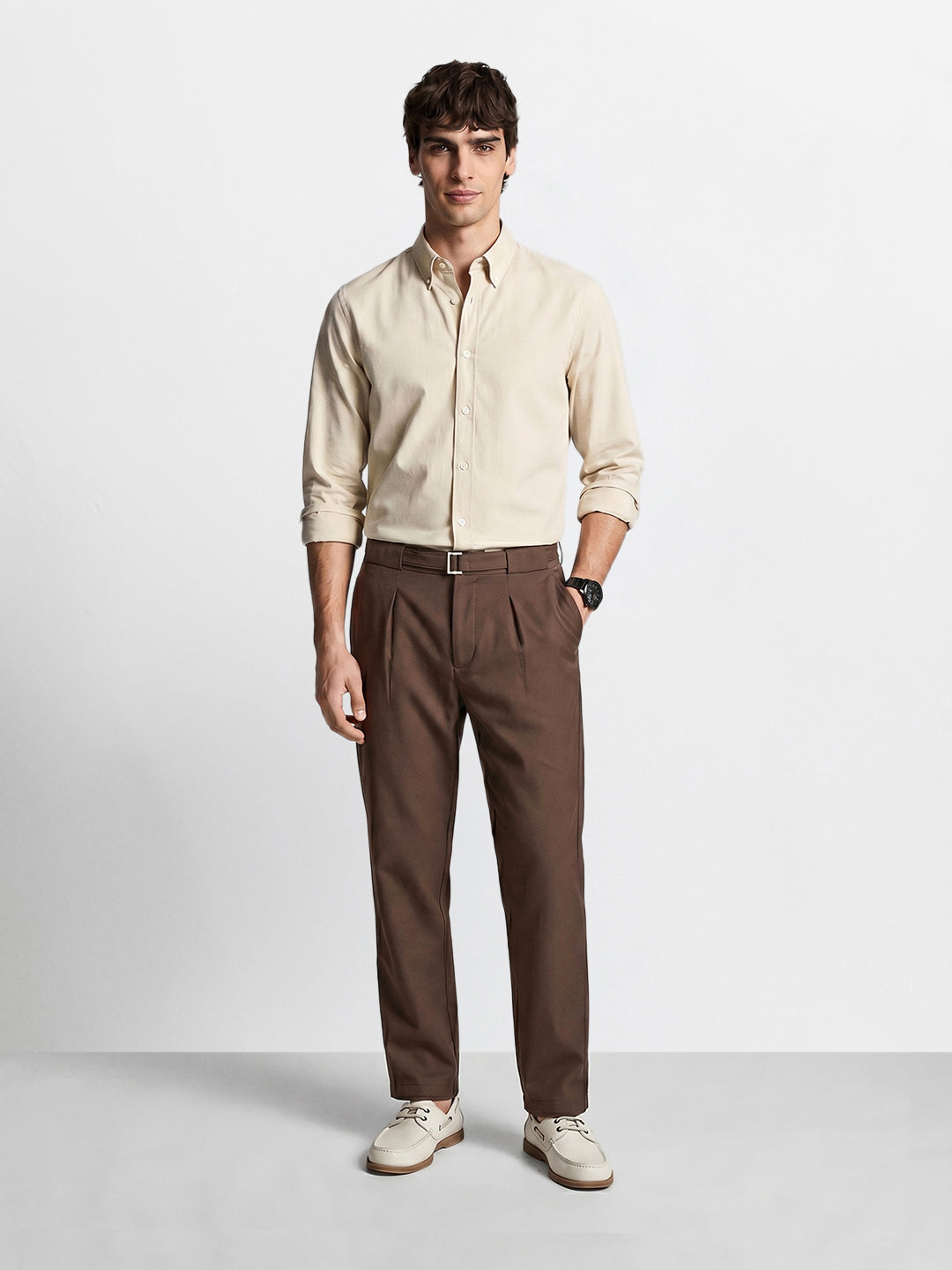 Men's Brown Regular Fit Solid Casual Trousers