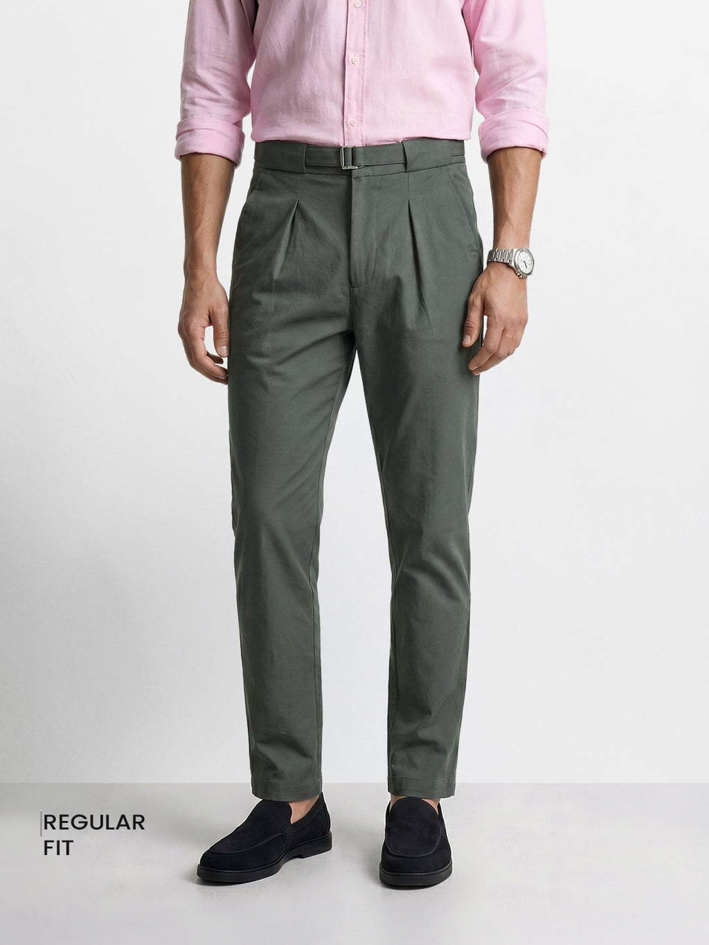 Men's Green Regular Fit Solid Casual Trousers