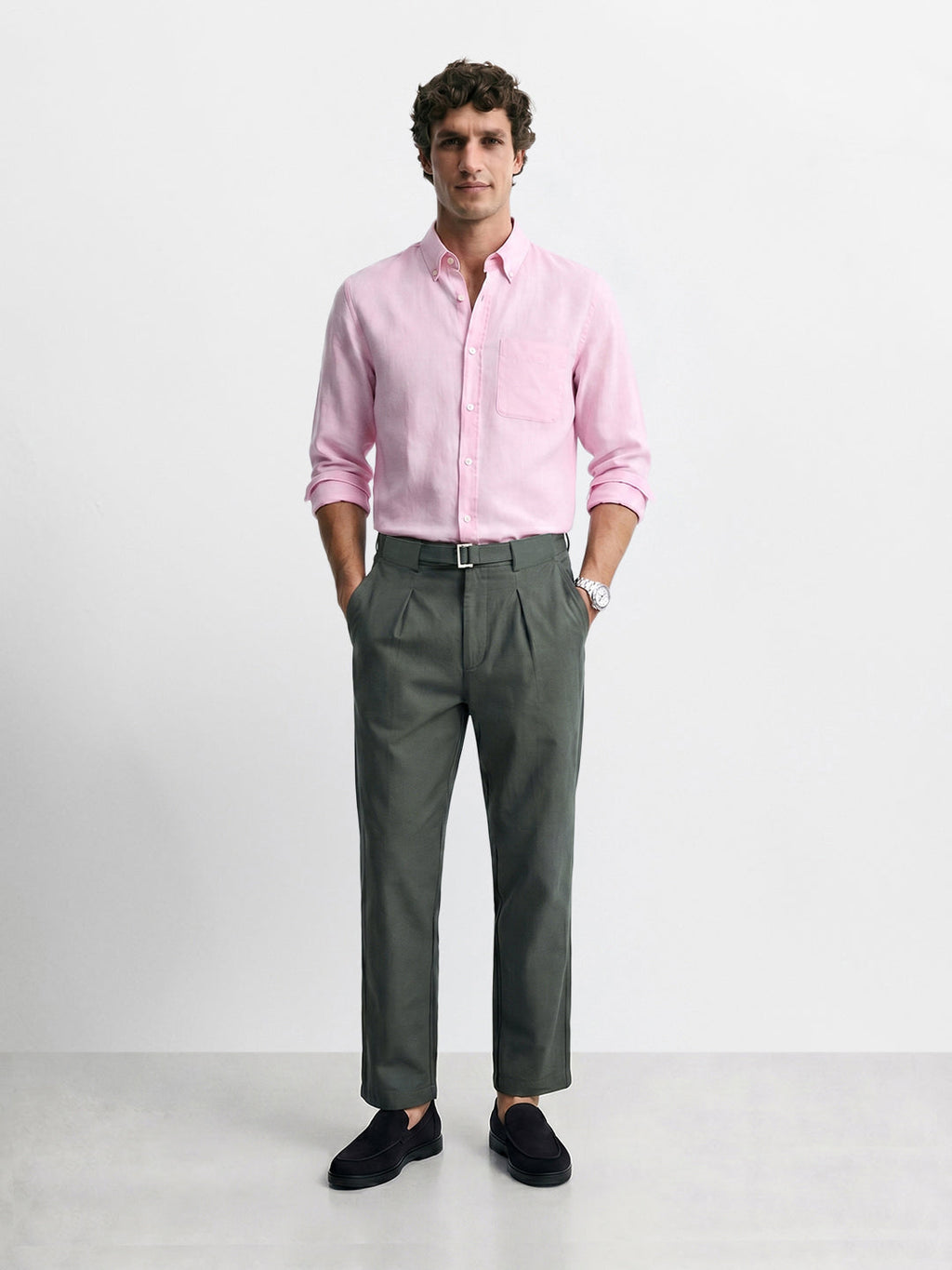 Men's Green Regular Fit Solid Casual Trousers