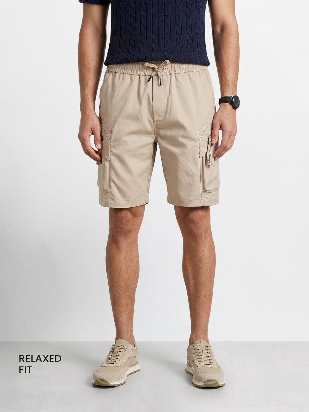 Men's Beige Relaxed Fit Solid Utility Shorts