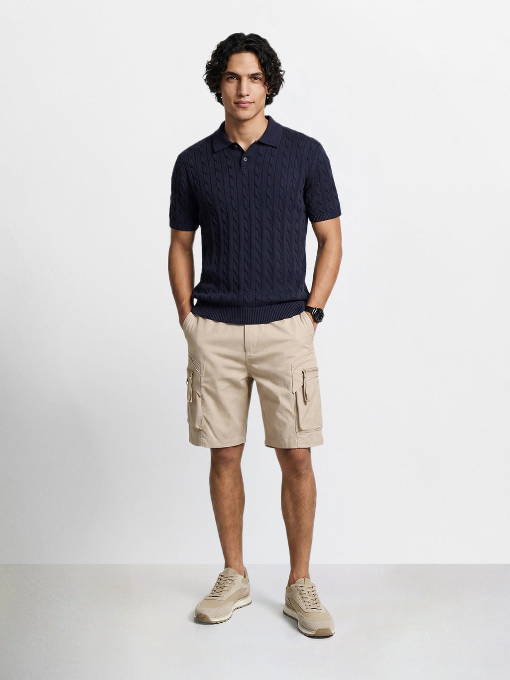 Men's Beige Relaxed Fit Solid Utility Shorts
