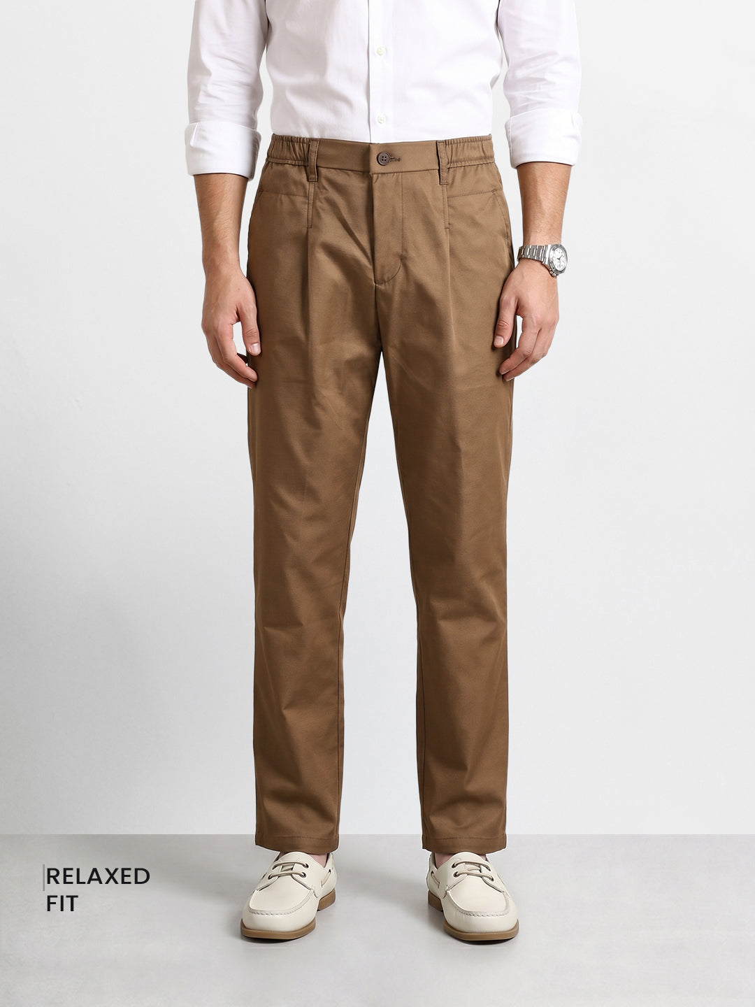 Men's Brown Relaxed Fit Solid Casual Trousers