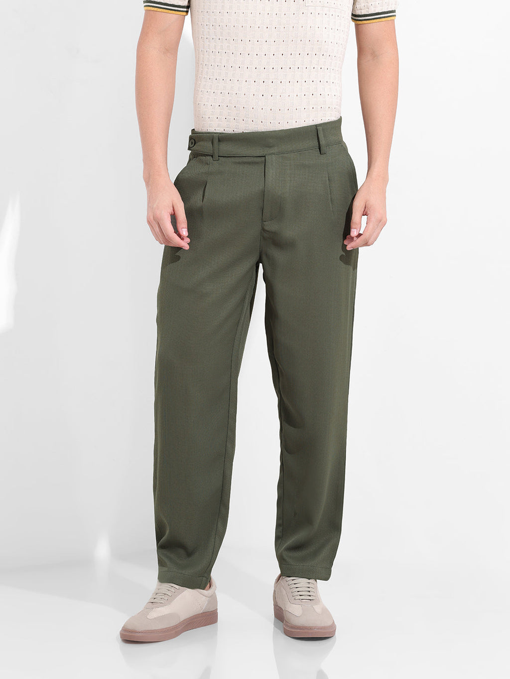 Men's Earthy Green Regular Fit Solid Casual Trouser