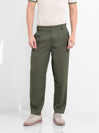 Men's Earthy Green Regular Fit Solid Casual Trouser