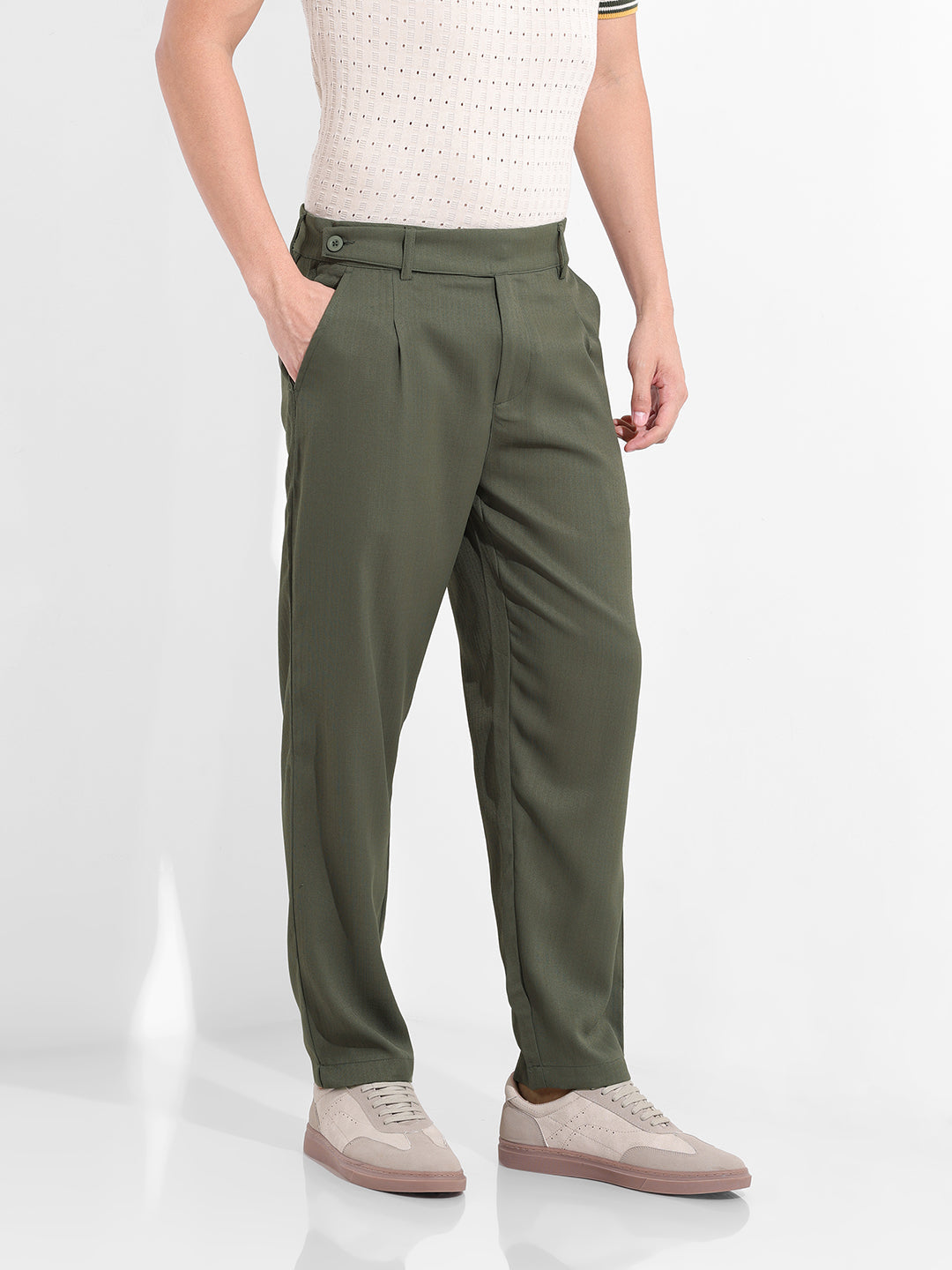 Men's Earthy Green Regular Fit Solid Casual Trouser