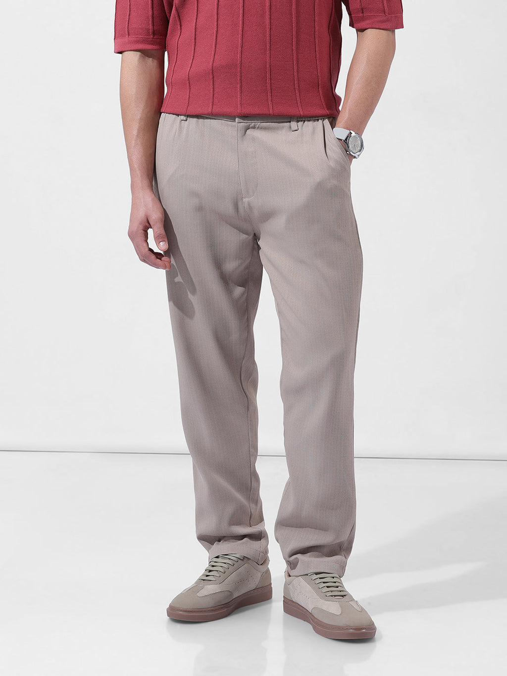 Men's Grey Regular Fit Solid Casual Trouser