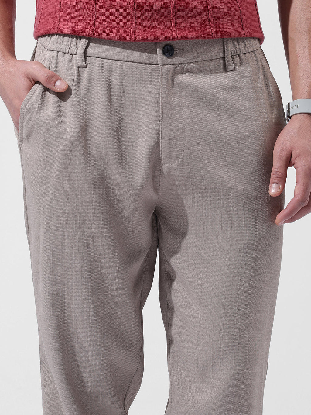 Men's Grey Regular Fit Solid Casual Trouser