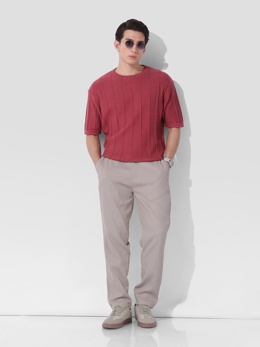 Men's Grey Regular Fit Solid Casual Trouser