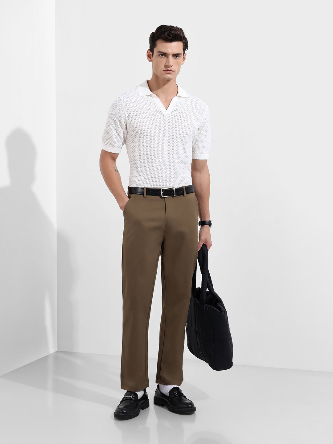 Men's Dark Khaki Regular Fit Solid Casual Trouser