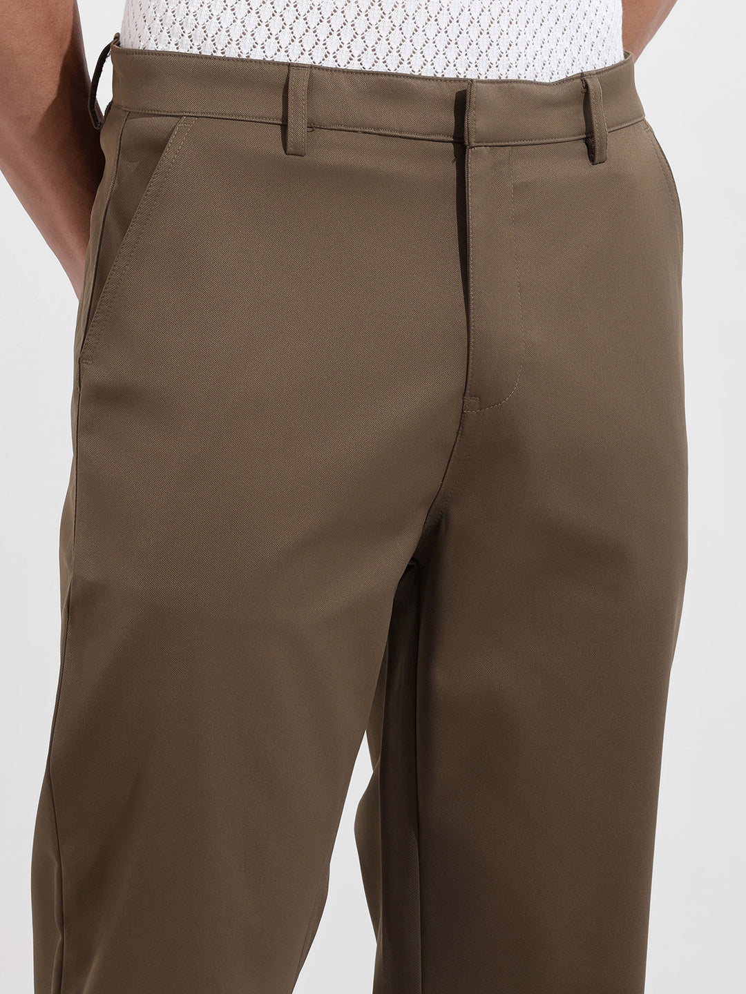 Men's Dark Khaki Regular Fit Solid Casual Trouser