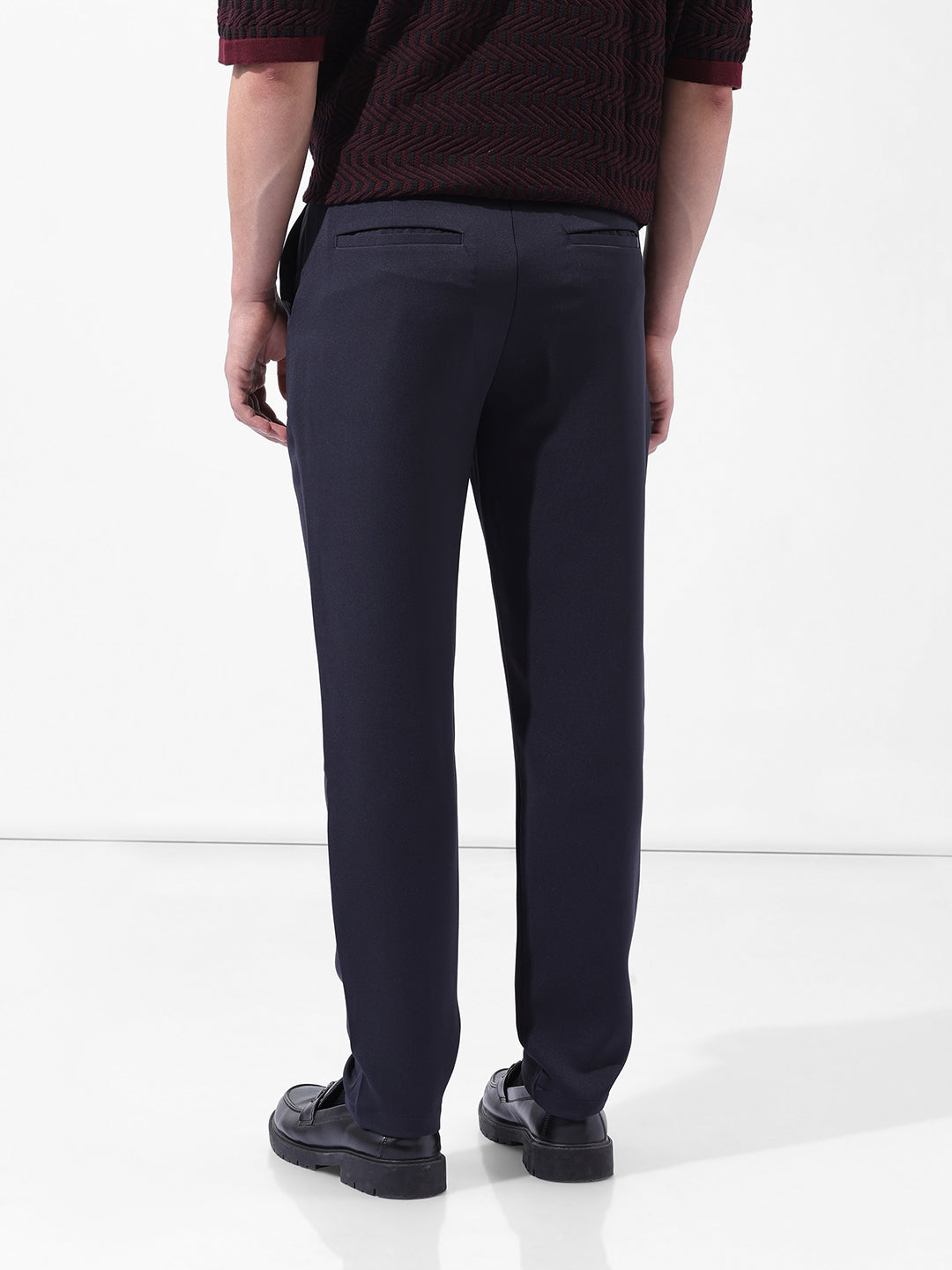 Men's Navy Blue Slim Fit Solid Casual Trouser