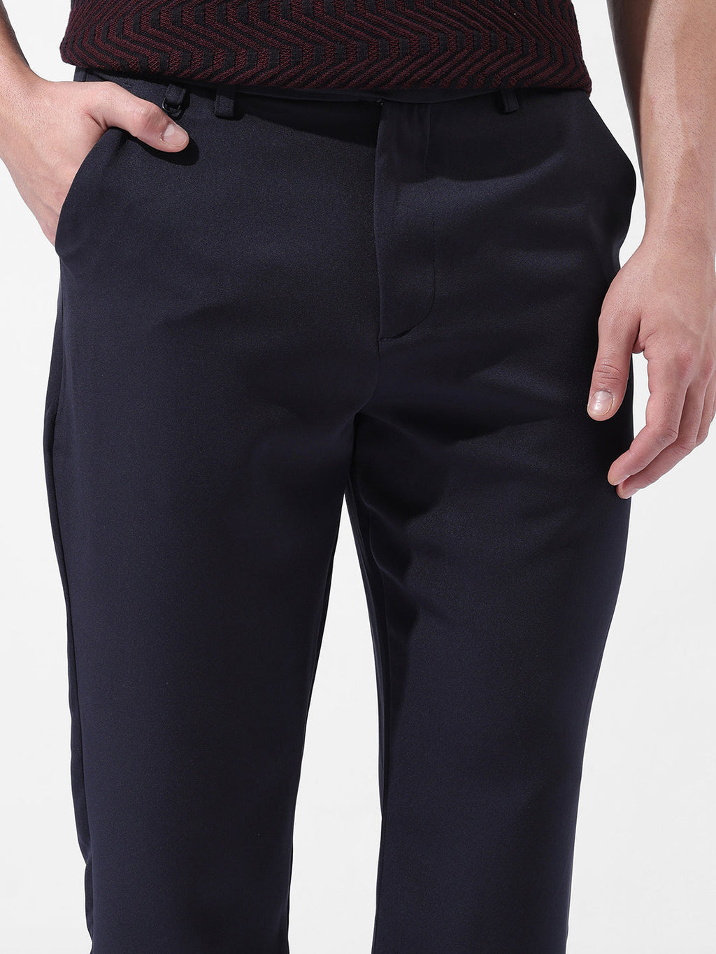 Men's Navy Blue Slim Fit Solid Casual Trouser